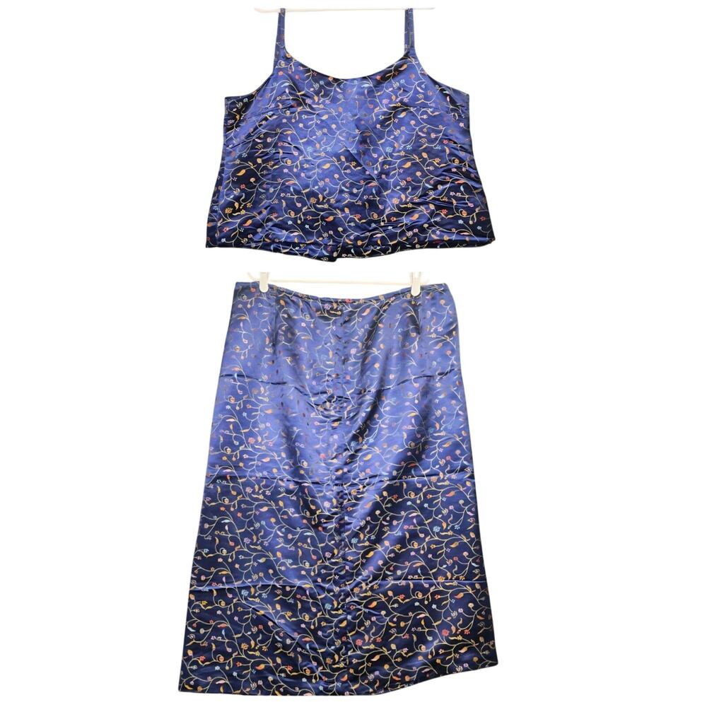 Handmade Womens Plus Size Skirt and Top Set Metallic Blue Floral Embroidered
